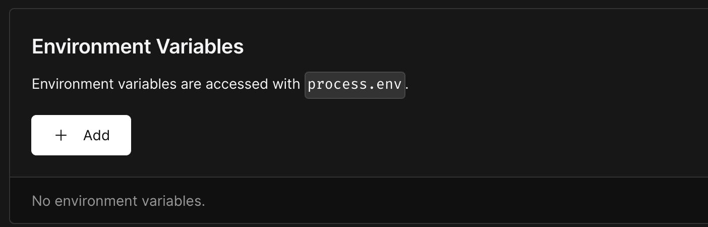 Environment variables tab on napkin. Click on add