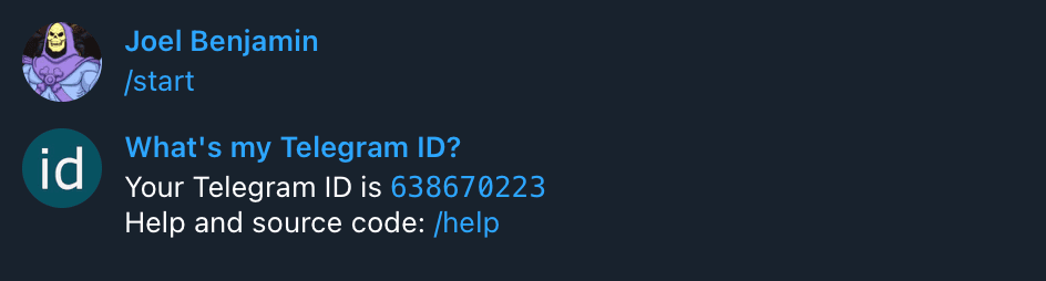 /start command for @my_id_bot. Bot replies with telegram user id