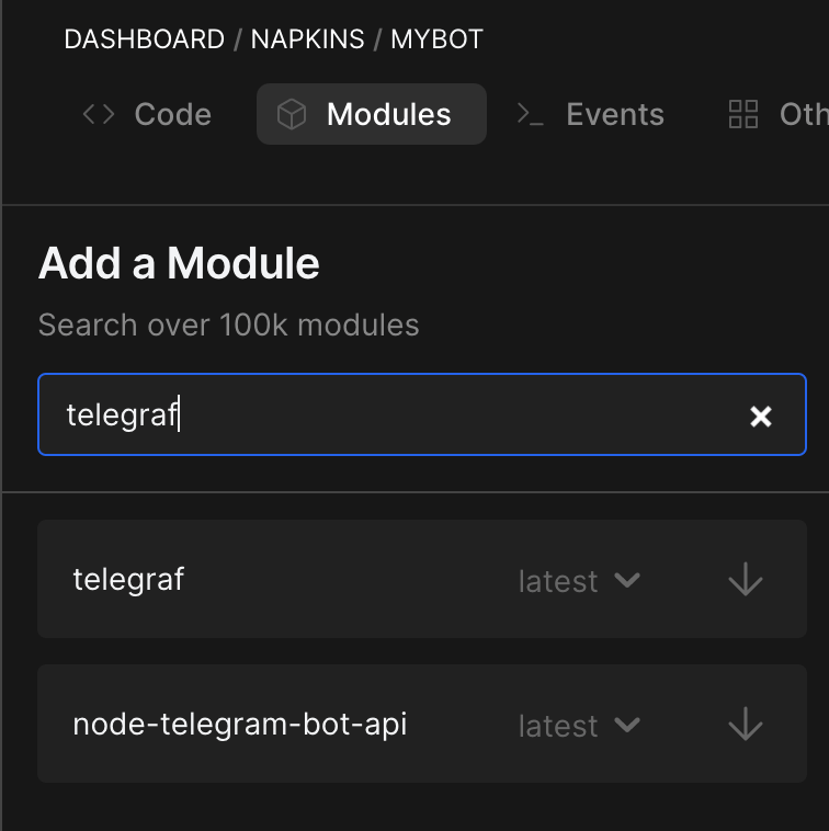 Install modules on napkin by switching to the modules tab